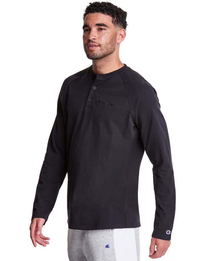 Champion Mens T-Shirt NZ - Long Sleeve Henley Black ( 8643-EUIQC )